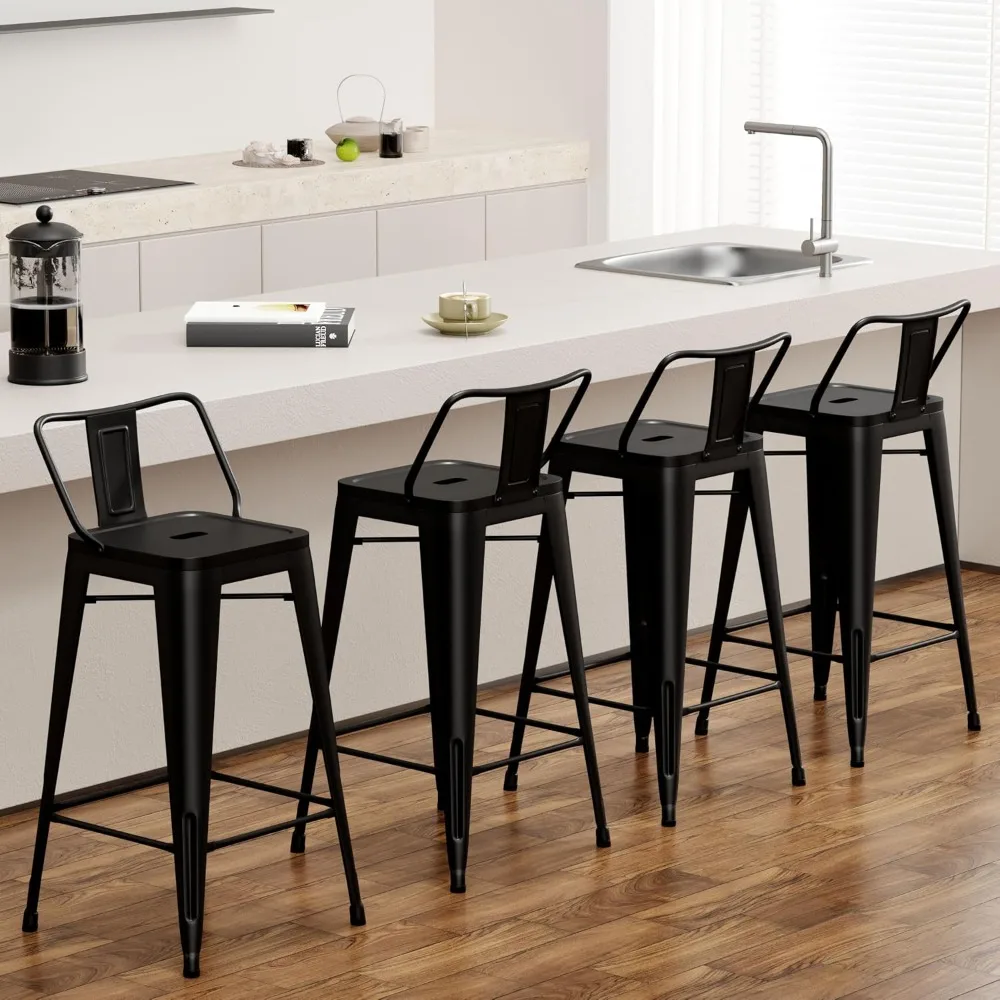 Metal Bar Stools Set of 4, 24 Inch Counter Height with Back, Matte Black for Kitchen Island