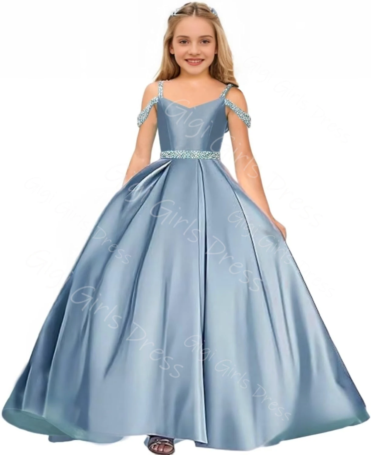 Satin Princess Pageant Dress for Girls Rhinestone Flower Girl Dress for Wedding Bridesmaids Straps Party Communion Gowns Custom