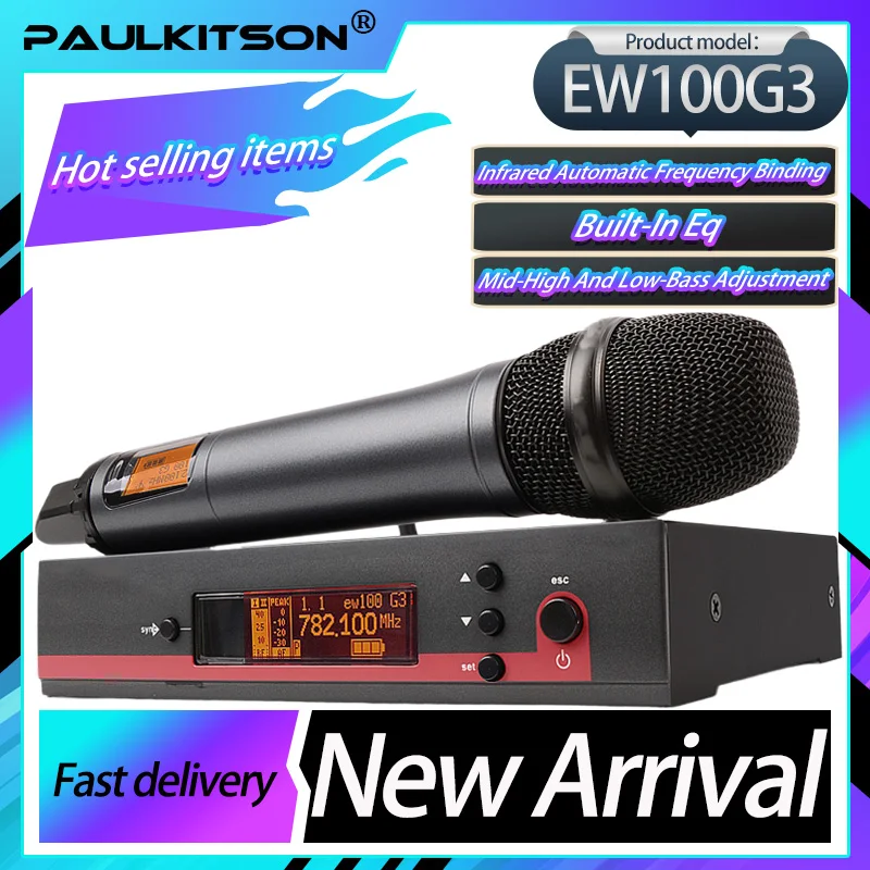 Paulkitson Professional EW100G3 Wireless Microphone Single Channel Performance Stage Handheld Lavalier Microphone True Diversity