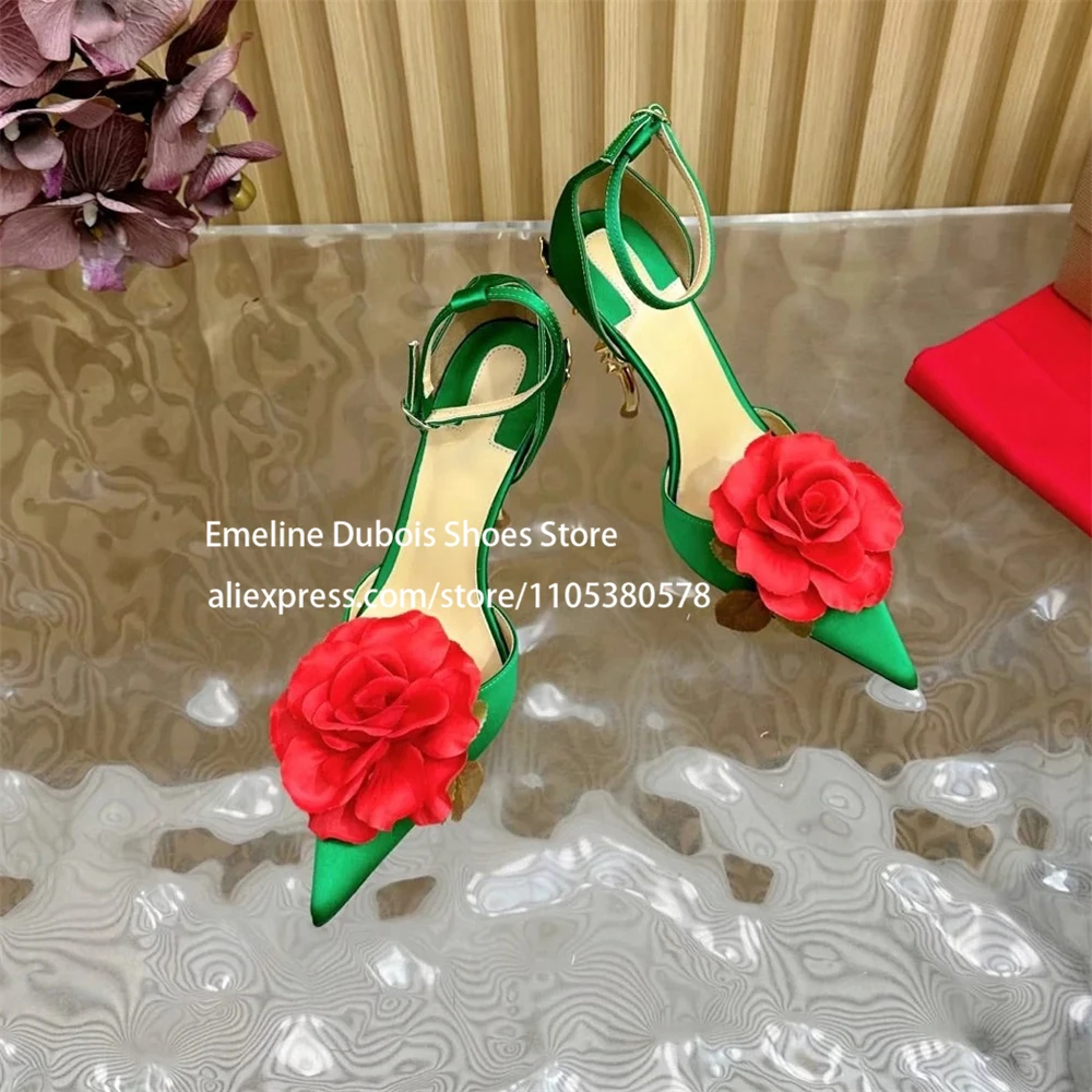 

Satin High Heels Pumps Rose Flower Gold Baroque Irregular Heel Stilettos Ankle Strap Pointed Toe Party Dress Shoes for Women