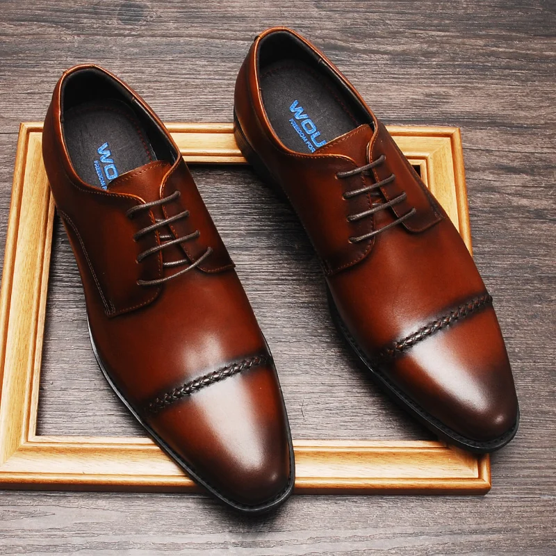 

Fashion Mens Black Dress Shoes Wedding Genuine Leather oxford Shoe Man Black Brown Lace Up Pointy Formal Leather Shoes For Men