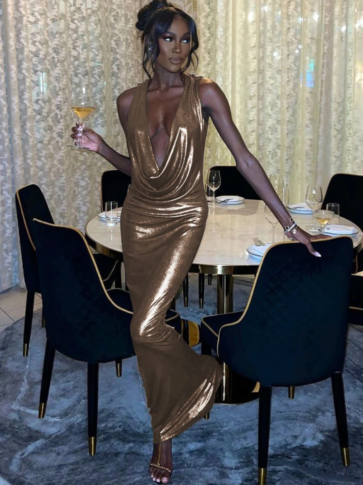 WeiYao dames glanzende swingende hals elegante jurk luxe avond feest mouwloos diep V Bodycon Maxi jurk herfst mode