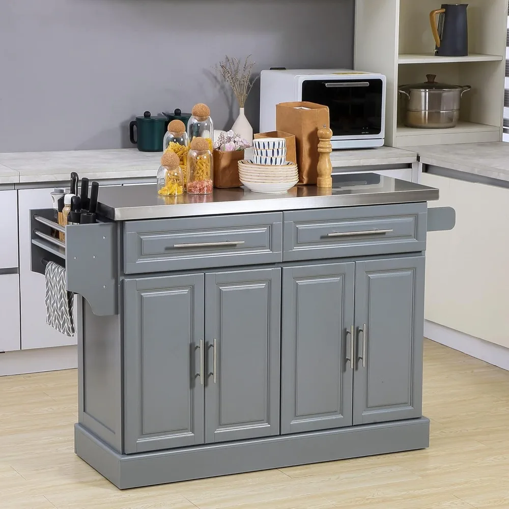 Rolling Kitchen Island with Storage, Portable Kitchen Cart with Stainless Steel Top, 2 Drawers, Spice, Knife and Towel Rack