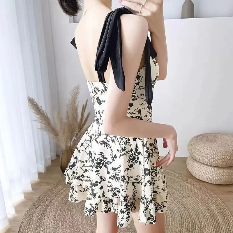 Women's Summer Korean Floral Print One Piece Swimsuit Sexy Lace-up Bow Swimwear Sweet Slim Beach Dress Conservative Bathing Suit