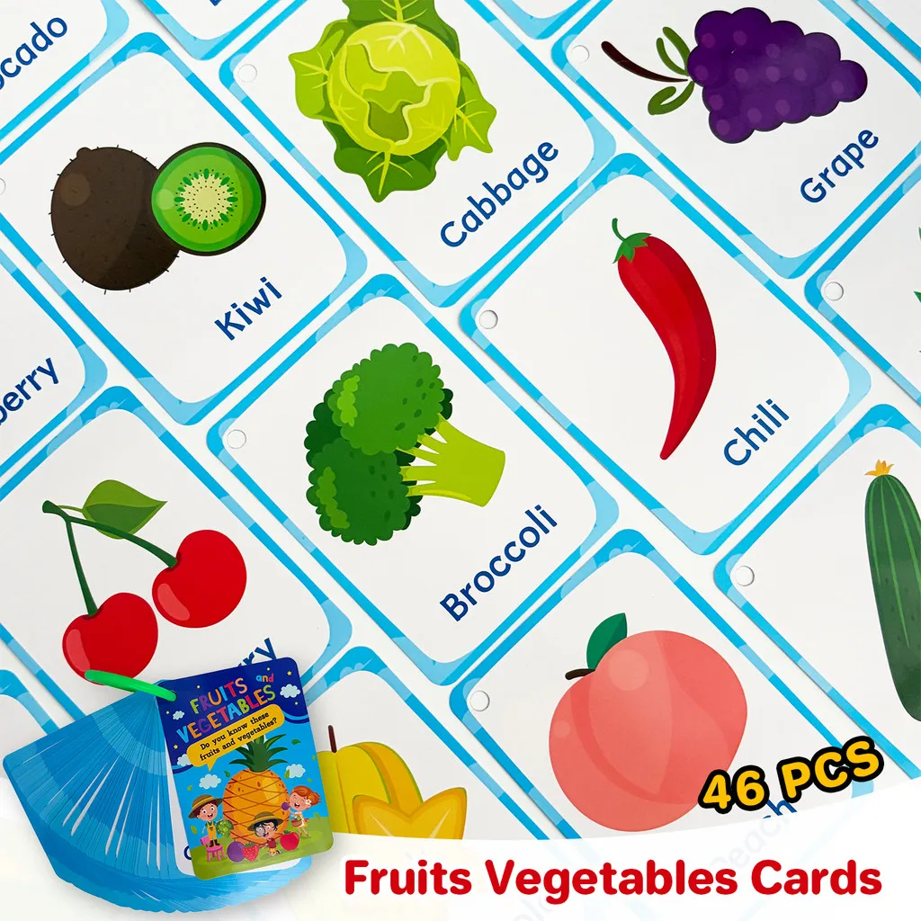46 Pcs Fruits & Vegetables Theme English Learning Cards for Kids Double-Sided Food Recognition Vocabulary Educational Flashcards
