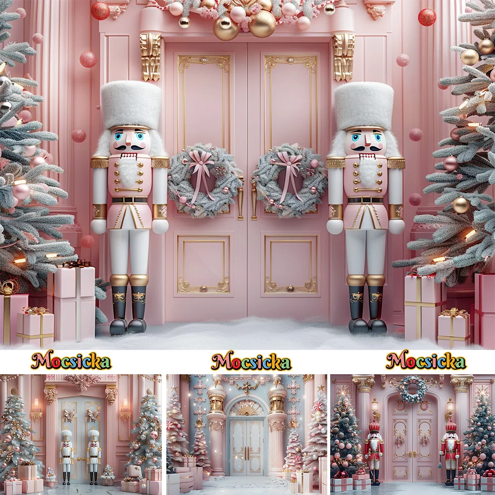 Christmas Photography Background Pink Nutcracker Soldier Castle Xmas Tree Backdrop Decor Girls Birthday Party Winter Snowy Booth