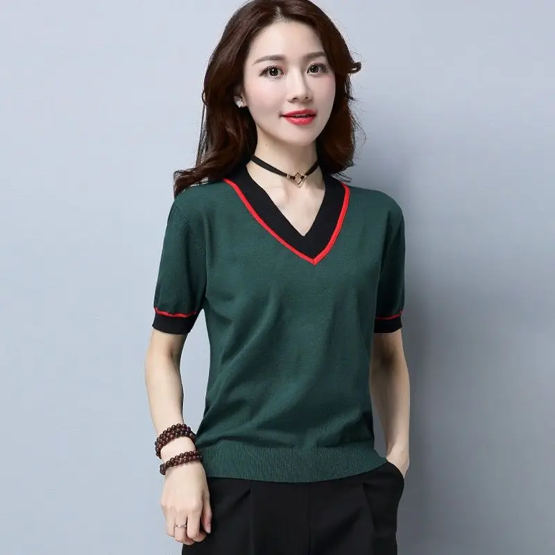 

Summer New Ice Silk Short Sleeve T-shirts Women's V-neck Loose Solid Color All-match Contrast Tops Tees Elegant Vintage Clothing