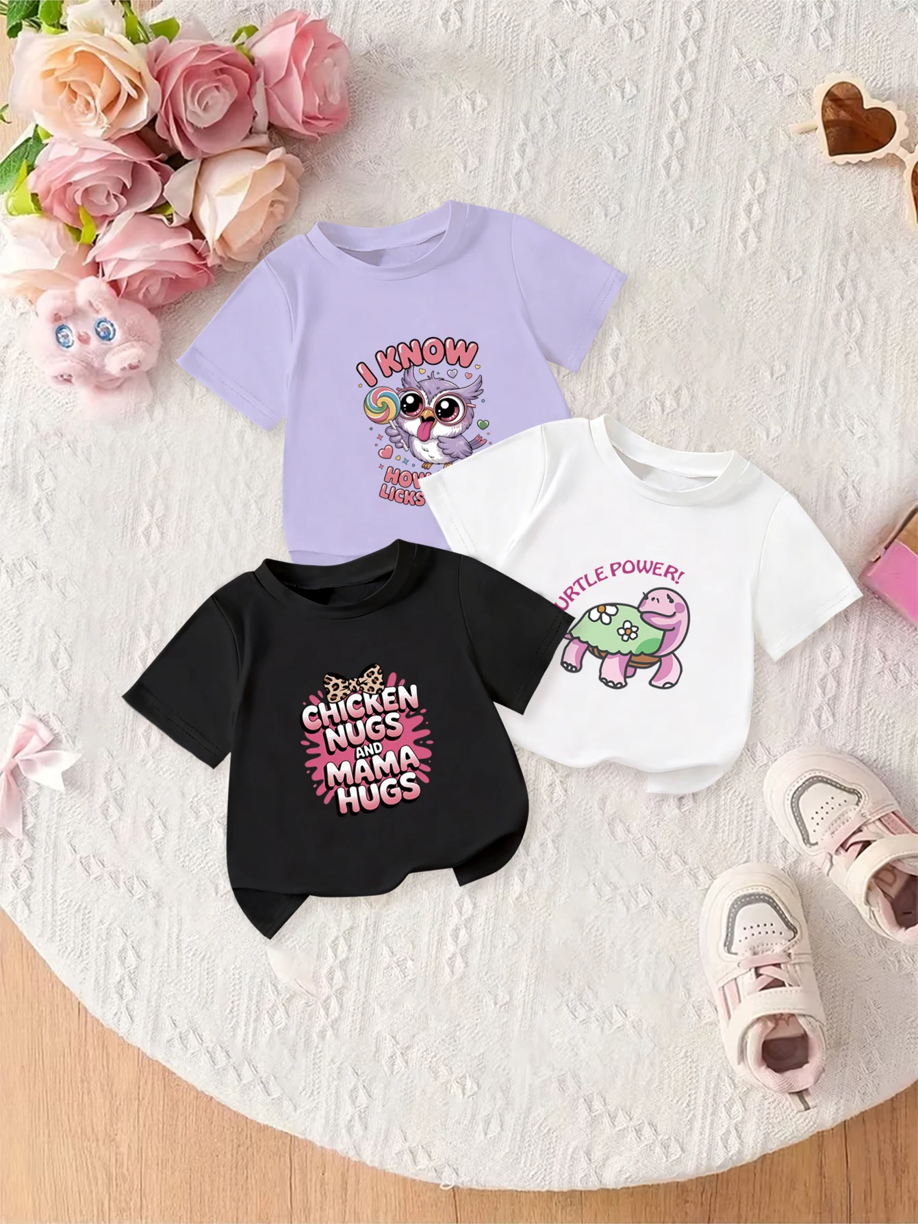 

3 шт.: летняя милая милая футболка для девочек с рисунком черепахи и совы с бантом