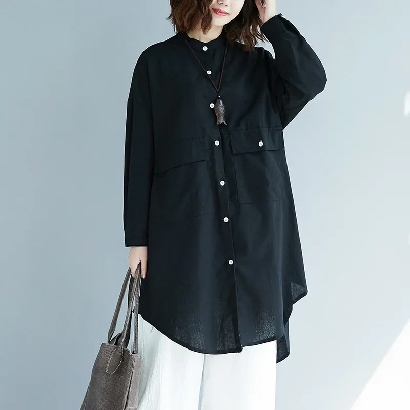 2022 Korean Style Plus Size Women's Long Sleeve Shirt Simple Solid Color Lapel Cotton Linen Slimming Top For Middle-Aged Women