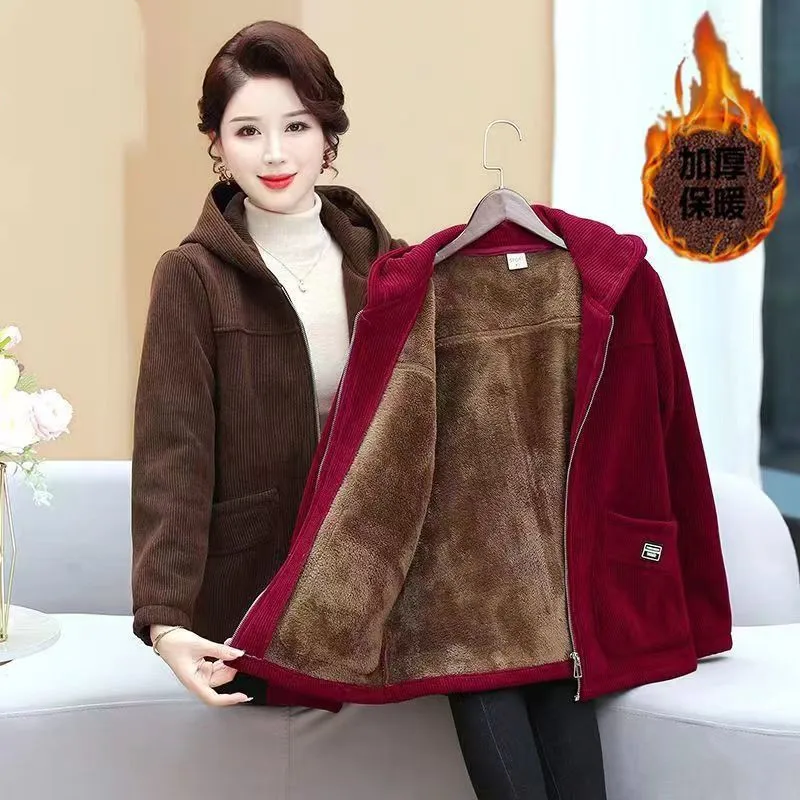 2024 Autumn Winter New Coat Women Corduroy Mother Jacket Add Velvet Warm Hooded Outerwear Ladies Casual Joker Large Size Blouse