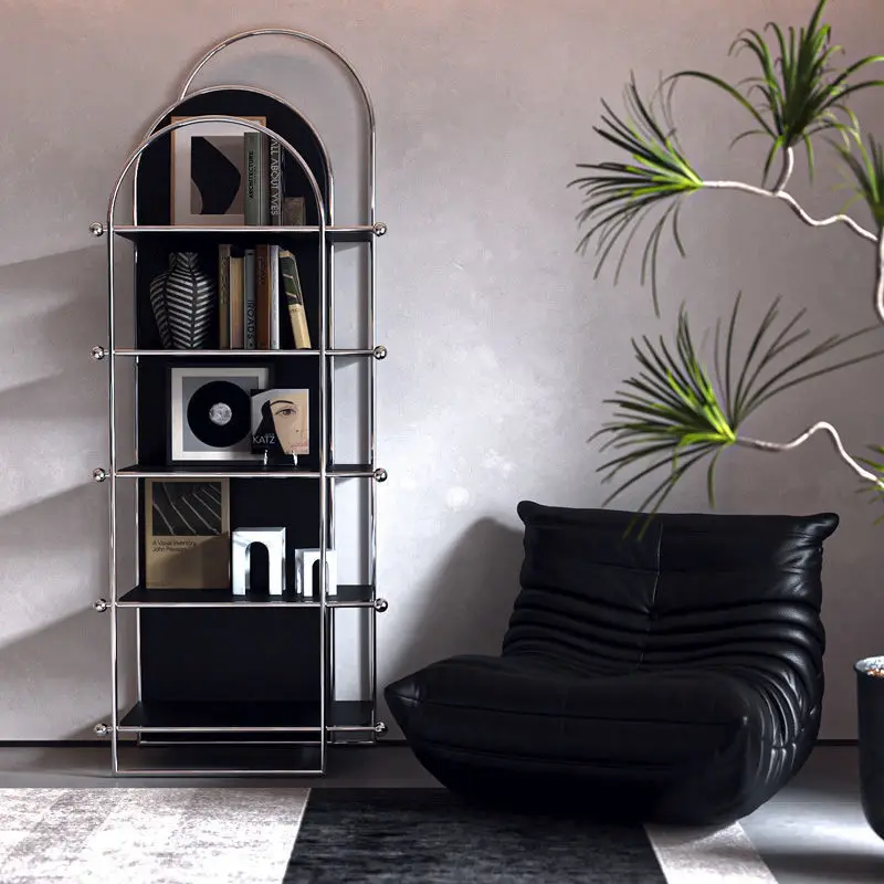 

Retro medieval French light luxury Nordic stainless steel bookshelf black decorative shelf household shelf