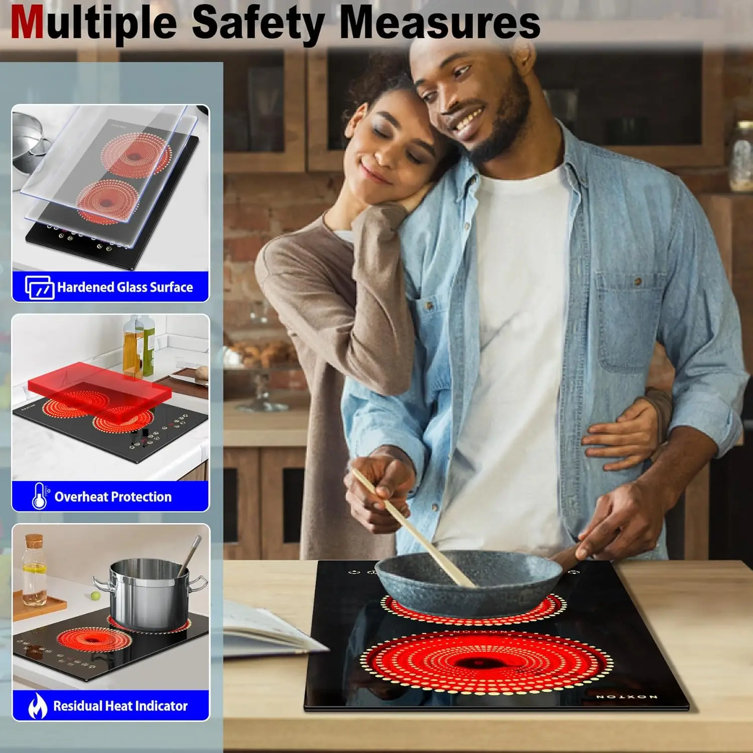 เตาเซรามิก NOXTON 2 โซน, ปลั๊กอิน US:110-120V/EU-UK:220-240V, ด้านบนเคาน์เตอร์และเตาตั้งพื้นไฟฟ้าในตัว, ตัวจับเวลา 99 นาที, ล็อคความปลอดภัย