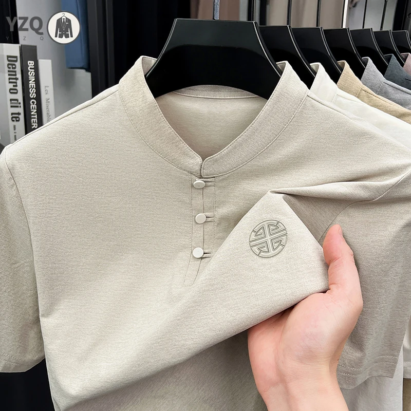 Mens Summer Stand Collar Casual Shirt Short Sleeve Lightweight Breathable Fabric Suitable for Warm Weather Transition Seasons