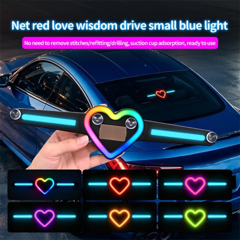 Solar Car Light with Type-C Cable Charging, Heart-Shaped Multicolor LEDs, Button Control, and Removable Window X37F
