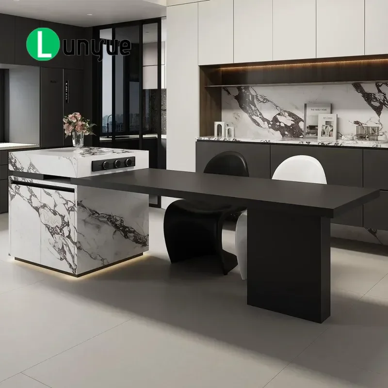 Full Slate High Low Island Dining Table Integrated Bar Counter Multi-functional Restaurant Kitchen Furniture Modern Stone