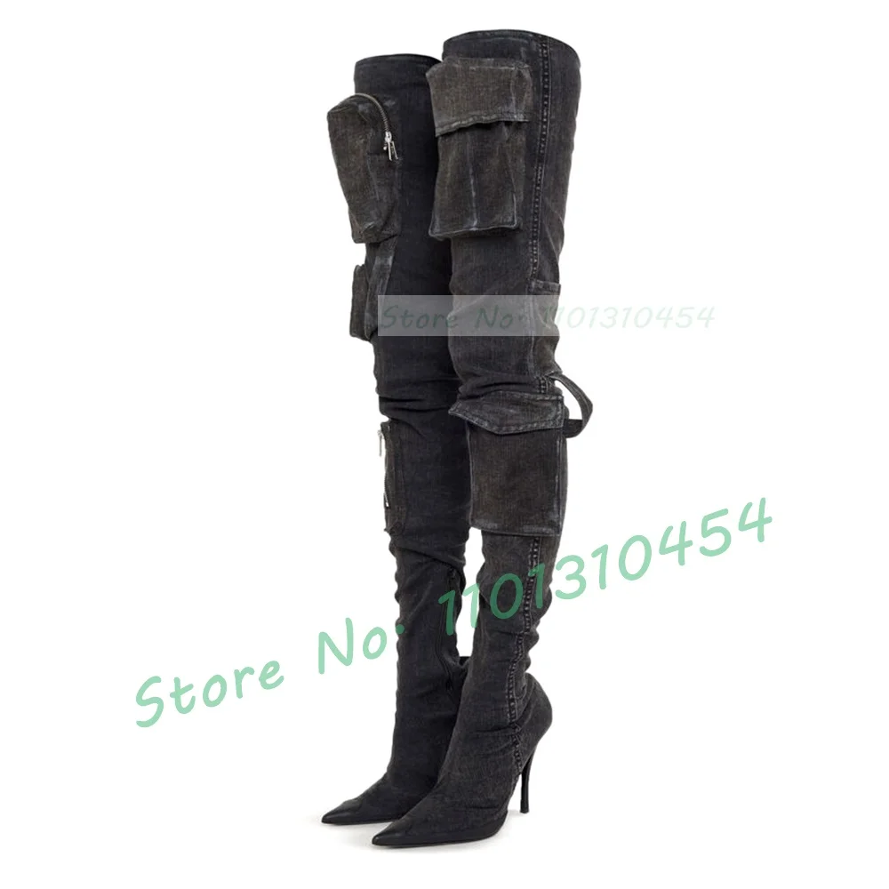 Black Denim Long Boots With Pocket Women Stylish Zipper Decor High Heels Over The Knee Shoes Ladies Pointy Toe Slim Sewing Boots