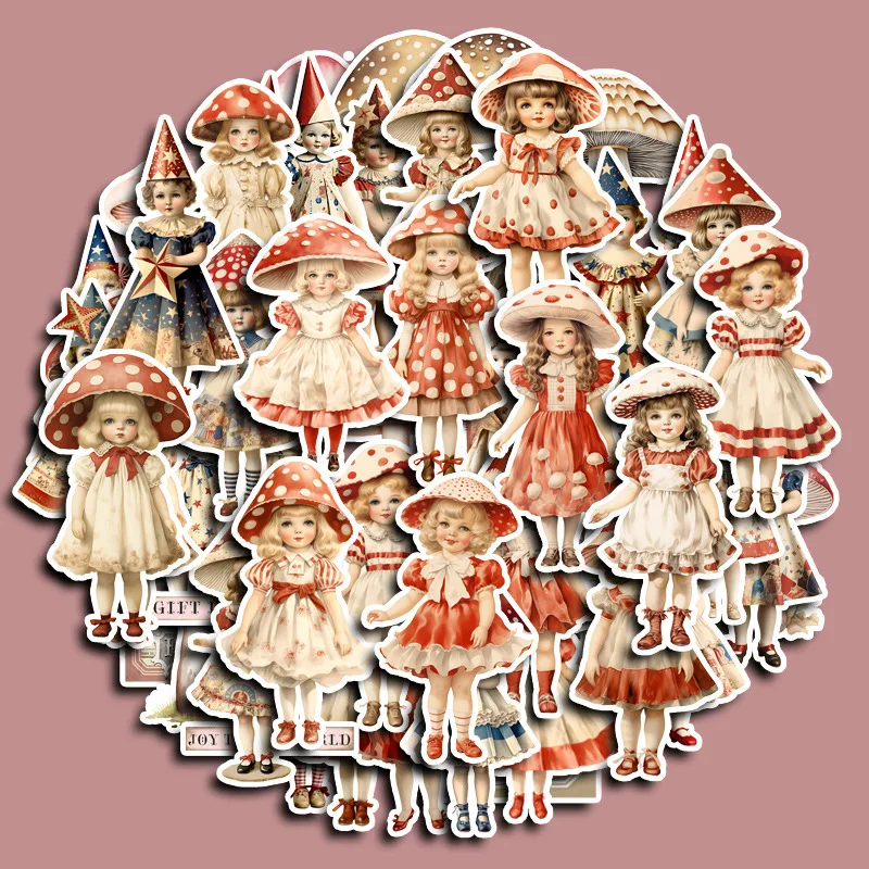 50pcs/bag European and American retro children\'s Lolita mushroom girl DIY scrapbook photo album journal Happy Plan decoration