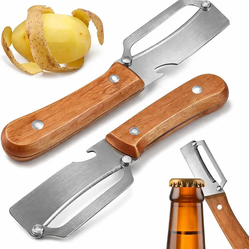 New Upgraded Paring Knife 2-in-1 Vegetable Fruit Potato Peeler Ergonomic Wooden Handle Stainless Steel Blade Kitchen Tool