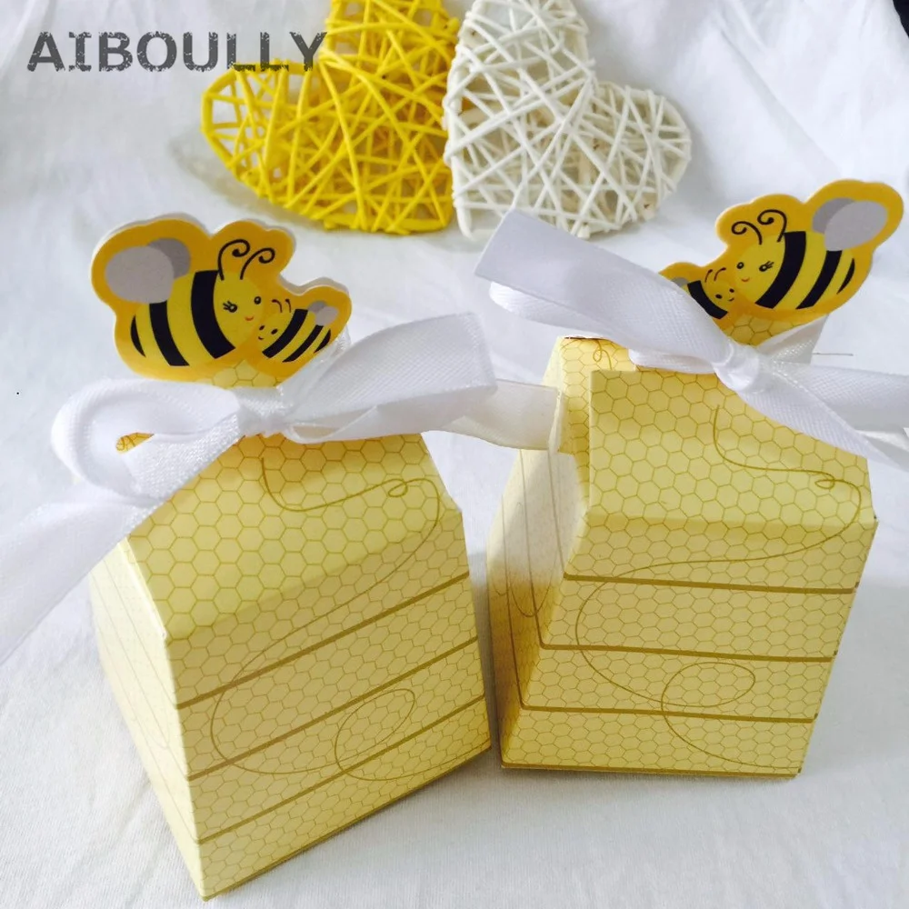 50pcs/lot Baby Shower/Birthday Favors and Gifts Kids Party Yellow Bee Honey Favors Candy Boxes Gift Box with White Ribbons