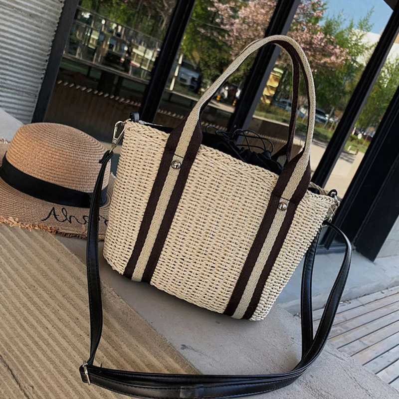 Summer Handmade Woven Bags For Women， Straw Beach Bag Rattan Kintted Handbags Totes Bohemia Ladies Basket Crossbody Shoulder Bag