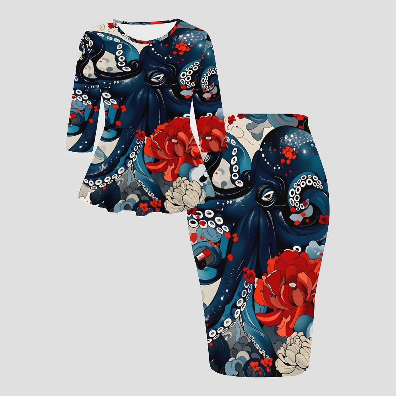 Autumnand Winter Crew Neckthree-quarter Sleeve  Ladies Tight-fitting Knee-length SkirtRetro Elegant Printed Party Two-piece Set