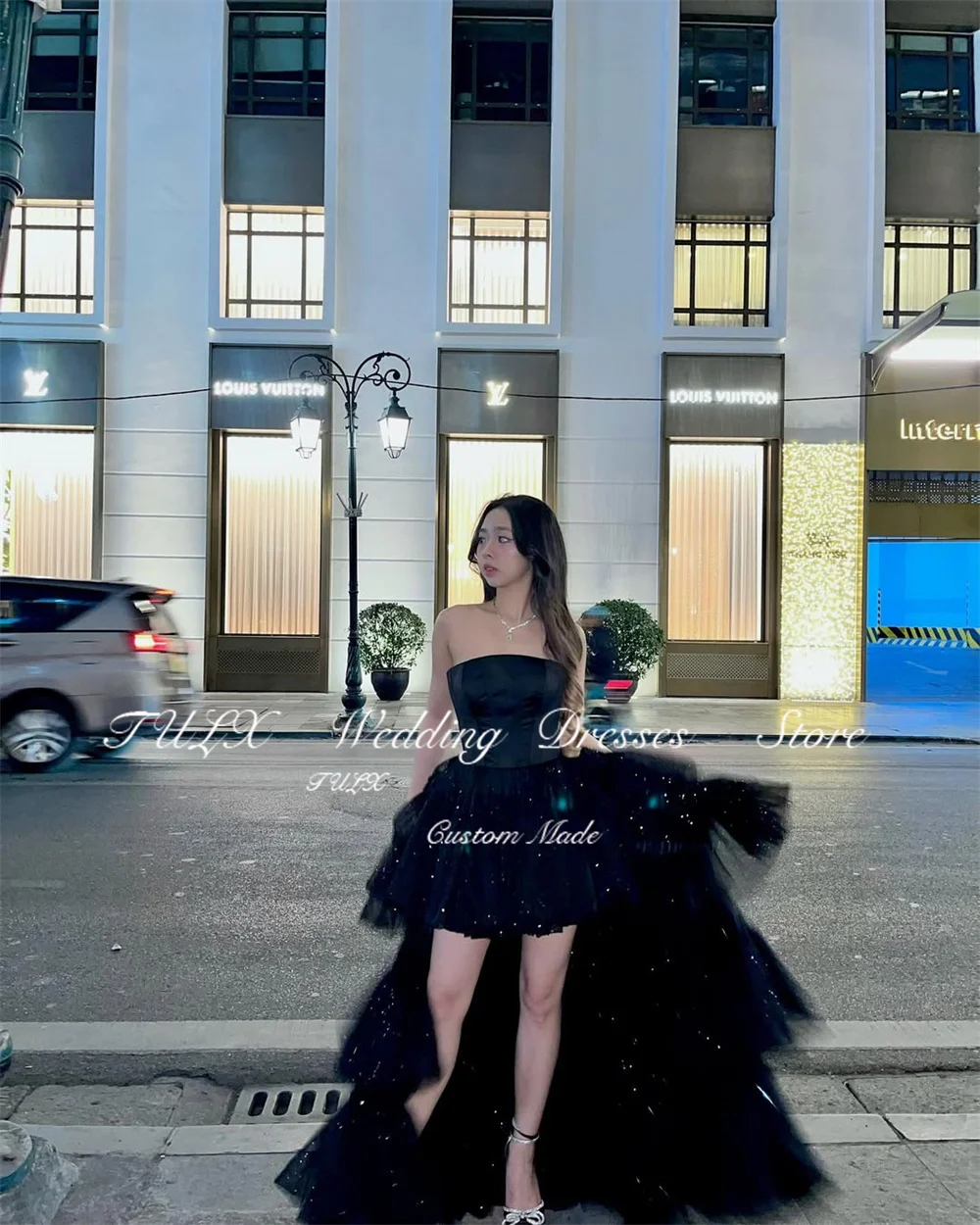 TULX – robe de soirée en Tulle noir scintillant, élégante, sans bretelles, en Satin, ligne A, longue, à plusieurs niveaux, pour occasions formelles, personnalisée