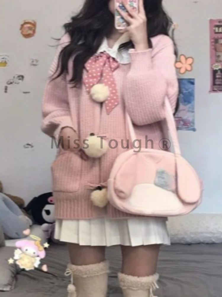 Japanese Sweet Preppy Style Knitted 2 Piece Set Pink Knit Cardigan + Pleated Skirt Women Clothes Winter Chic Harajuku Cute Suit