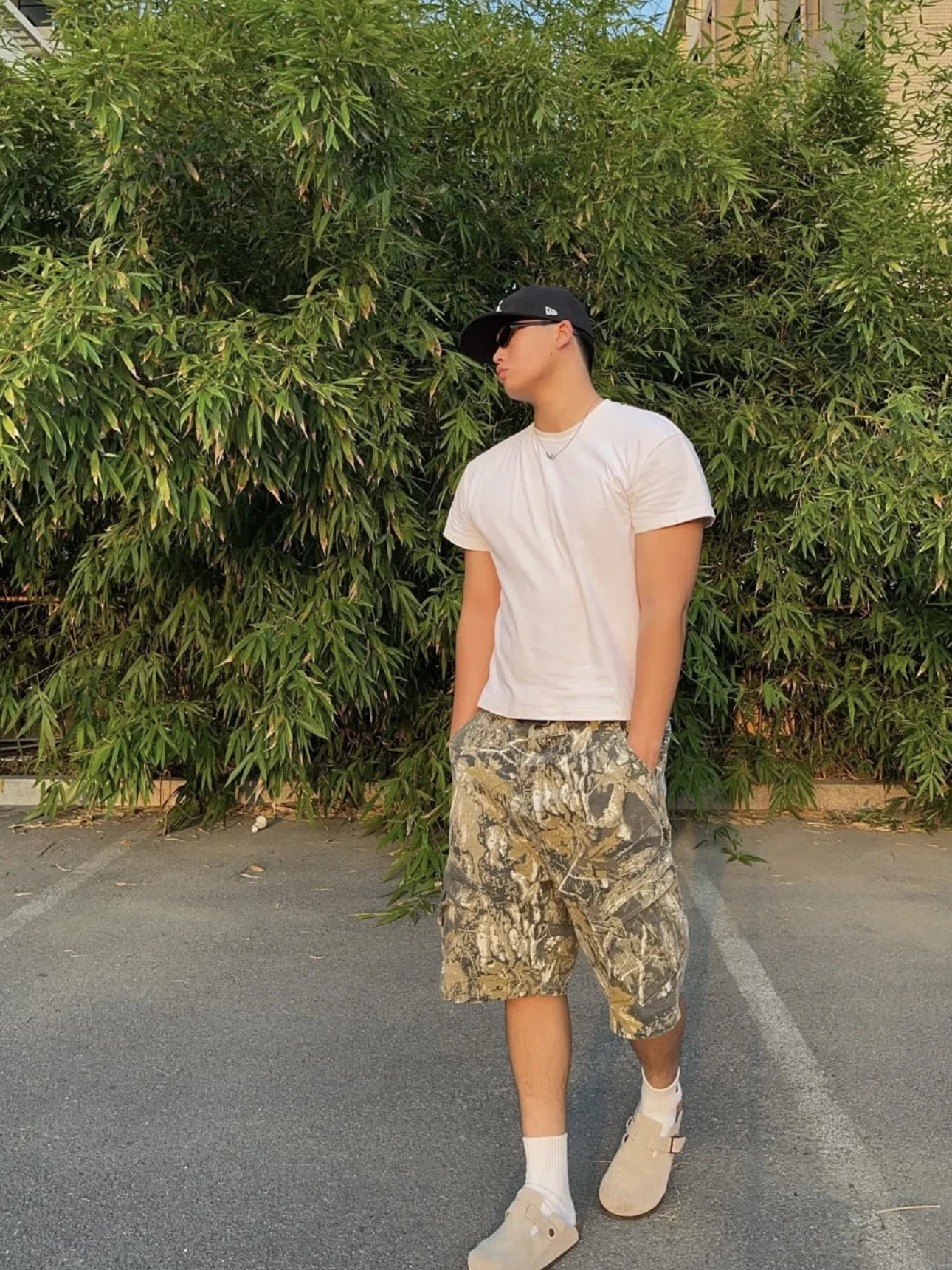 

American High Street Camouflage Weathered Loose Fit Men's Street Sle Cleanfit Five-Quarter Casual Pants Straight Leg orts