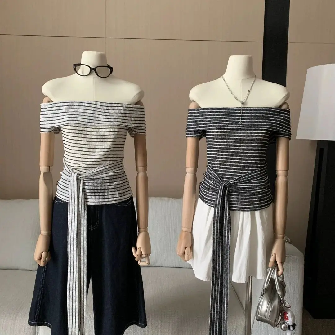

2025 Lyocell Tencel Lazy Loose Korean Striped Off Shoulder Bat Sleeve T-shirt Versatile Top