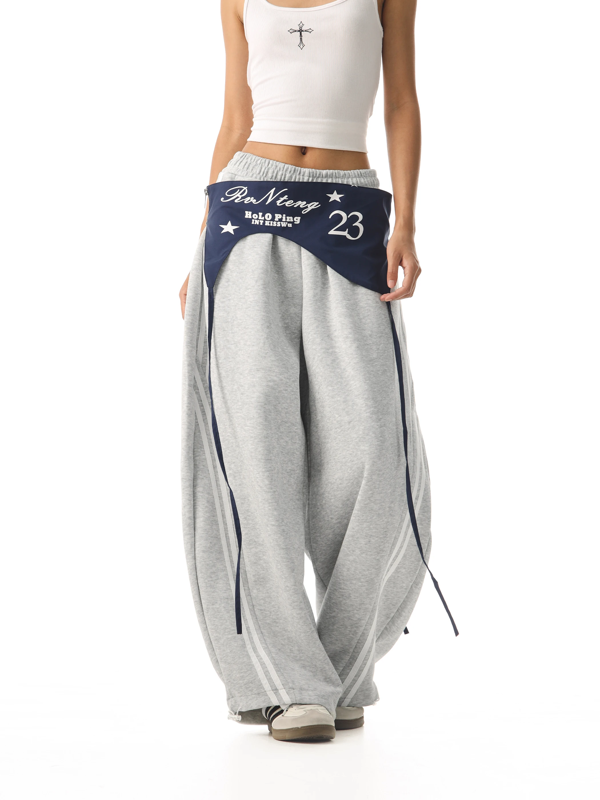 

Винтажные повседневные брюки Beer Captain для женщин, свободные спортивные брюки с широкими штанинами, повседневный комплект из двух предметов с элементами пэчворка