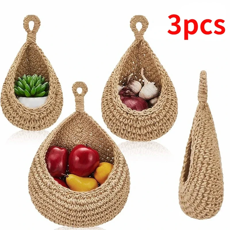 3pc/set Hand-woven Basket Wall Kitchen Hanging Net Pocket Cotton Rope Water Drop Bird Storage Basket Fruit Basket Rattan Baskets