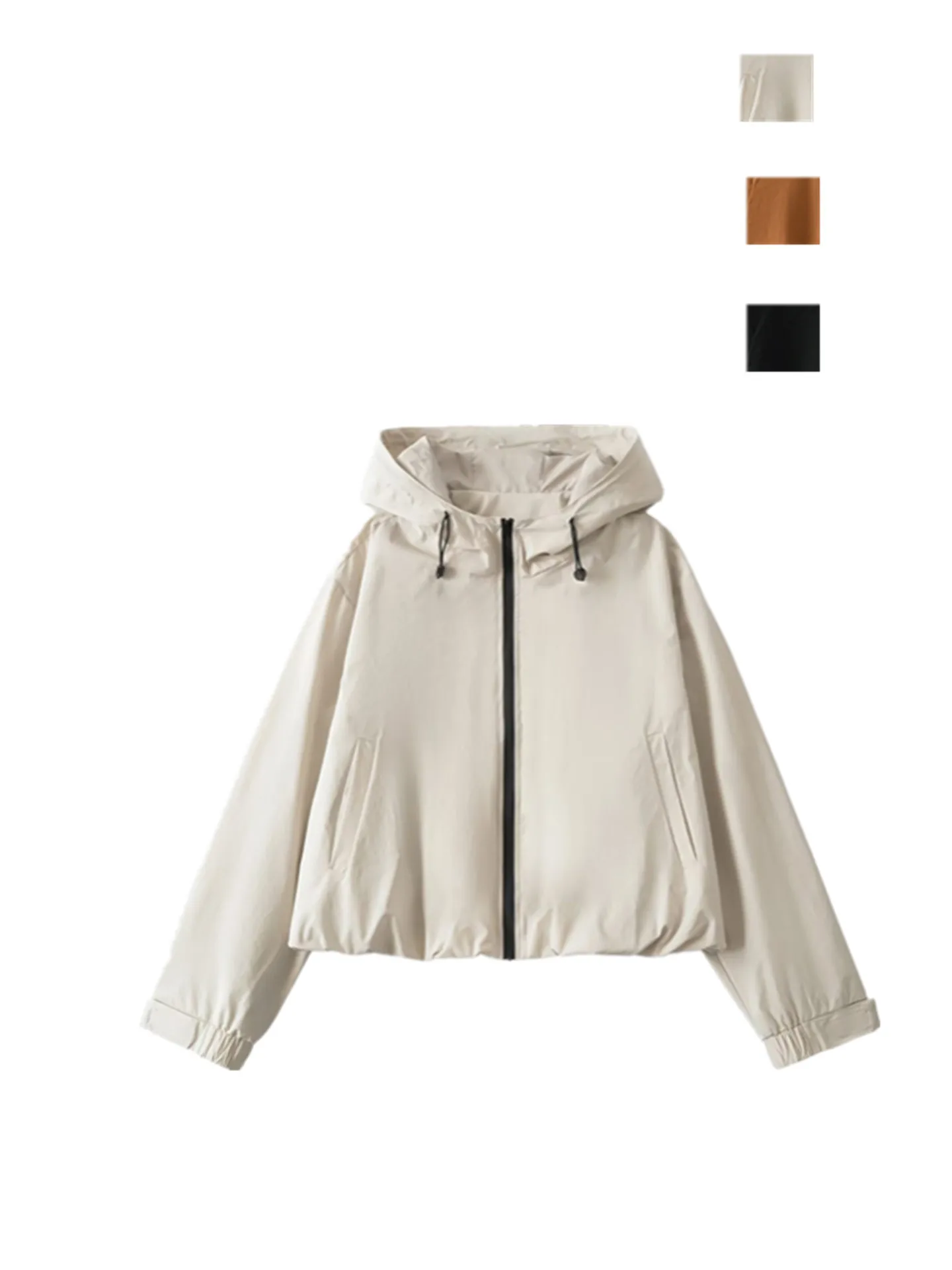 Korean Style Loose Fit Windproof Casual Hooded Bloomer Jacket Women's Short Coat Long Sleeve  Color Zipper Closure