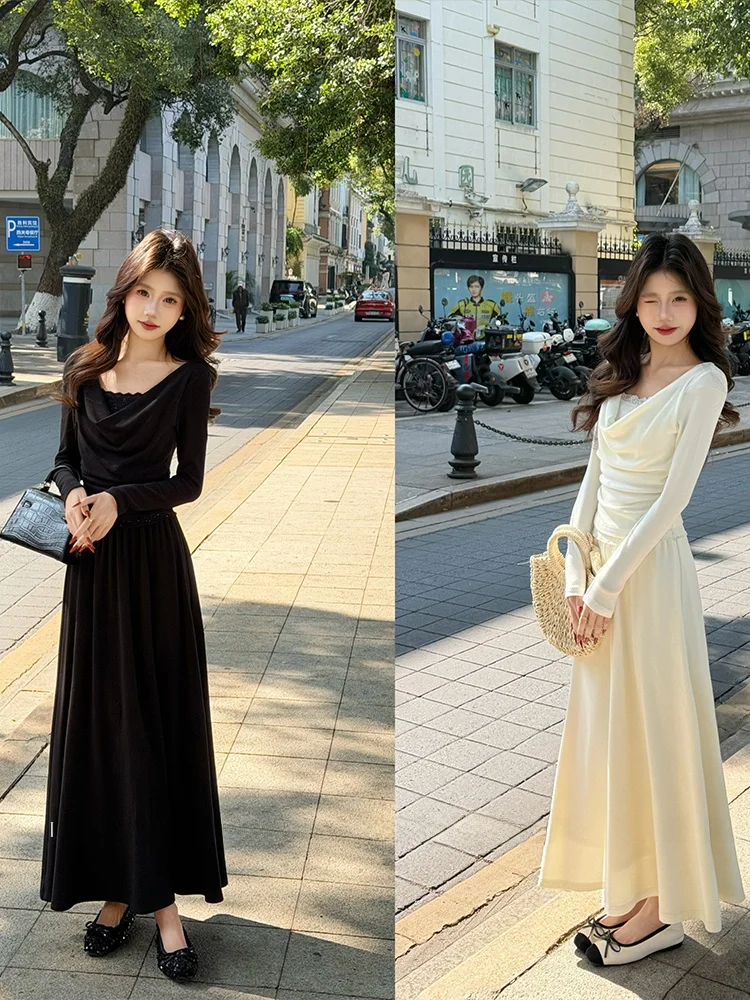 

Комплект из топа с высокой талией и юбки с кружевом, большие размеры, осенне-зимний, модный, повседневный, теплый, из смесовой хлопковой ткани, костюм из двух предметов