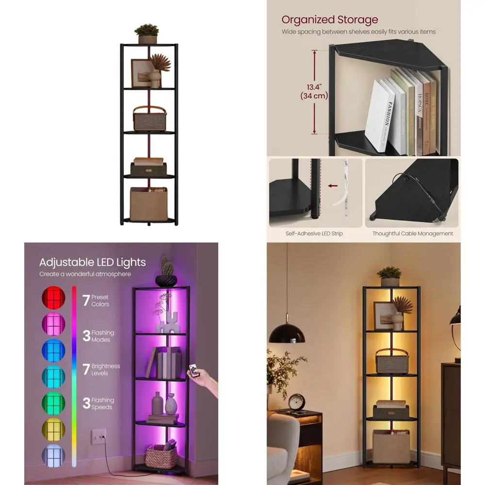 

5-уровневая книжная полка со светодиодной подсветкой, стальные стеллажи для хранения, 9,8x18,9x57,7 дюймов, подходит для гостиной, спальни, кабинета, цвет черный эбен.