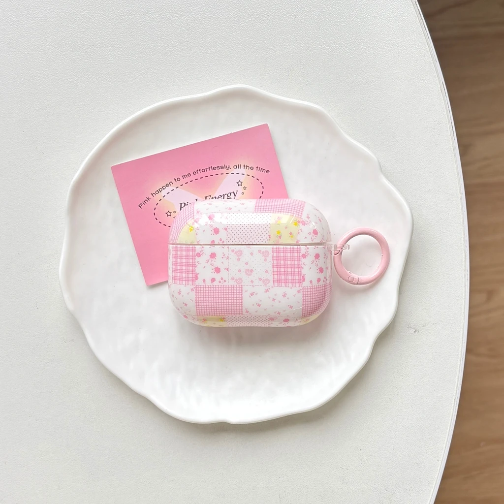 Sweet Pink Small Flower Grid Pattern Splicing With Hook Earphone Case Cover for AirPods 1 or 2 3 4 5 Pro 2 Pro 3