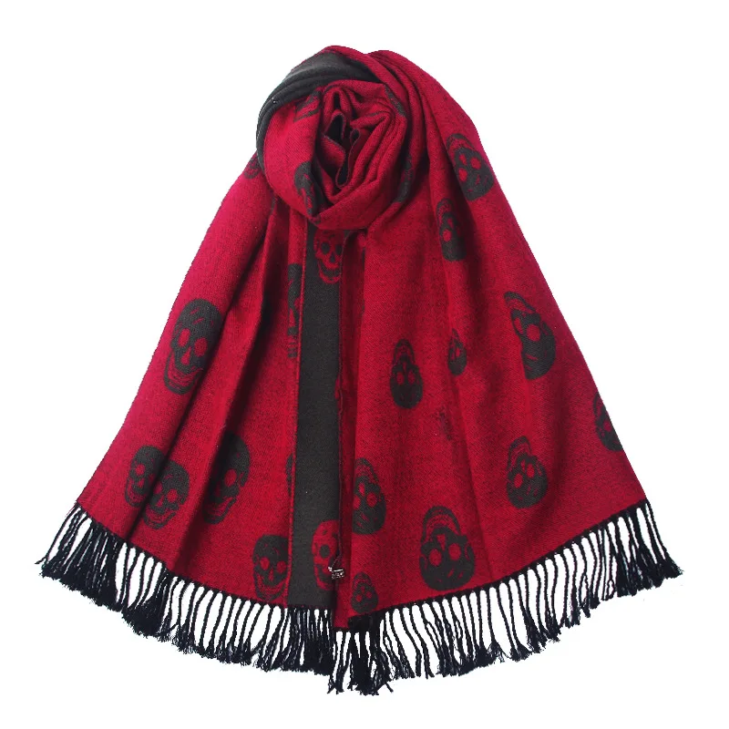 Novo design esqueleto cachecol unissex homem inverno quente cashmere toque xale com franja feminino borla crânio impressão envolve pashmina