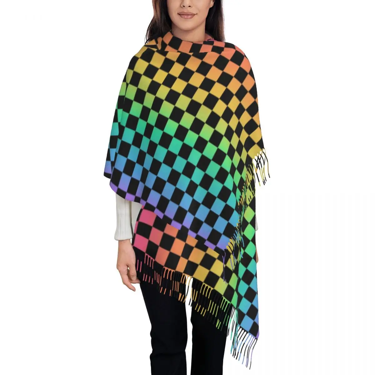 Custom Printed Rainbow Checkered Scarf Men Women Winter Warm Scarves Checkerboard Pattern Shawls Wraps