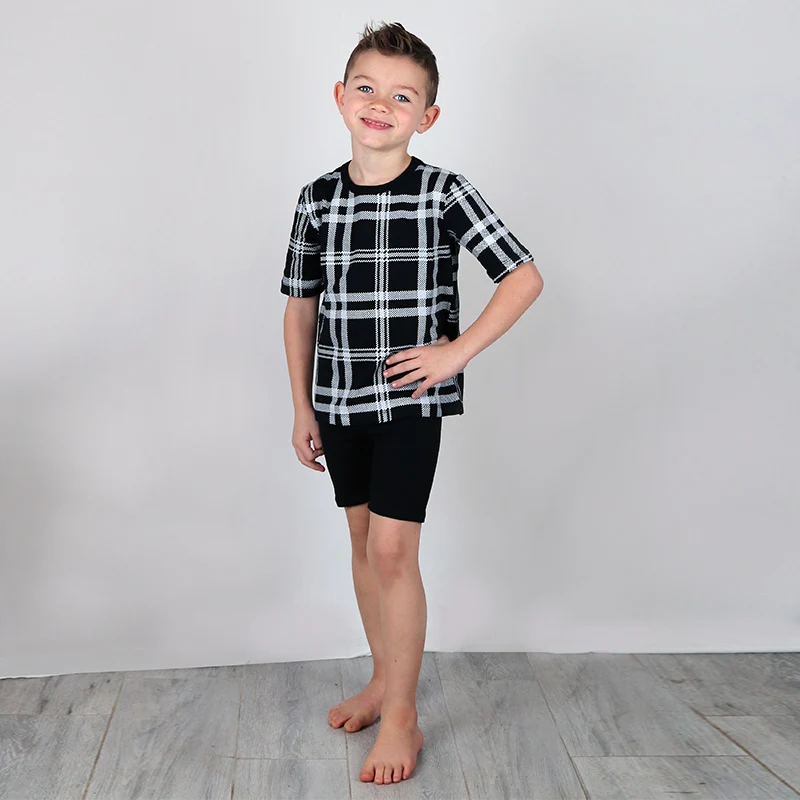 Plaid print pajamas set kids clothes short sleeve and shorts casual clothes round neck clothing black children summer cotton set