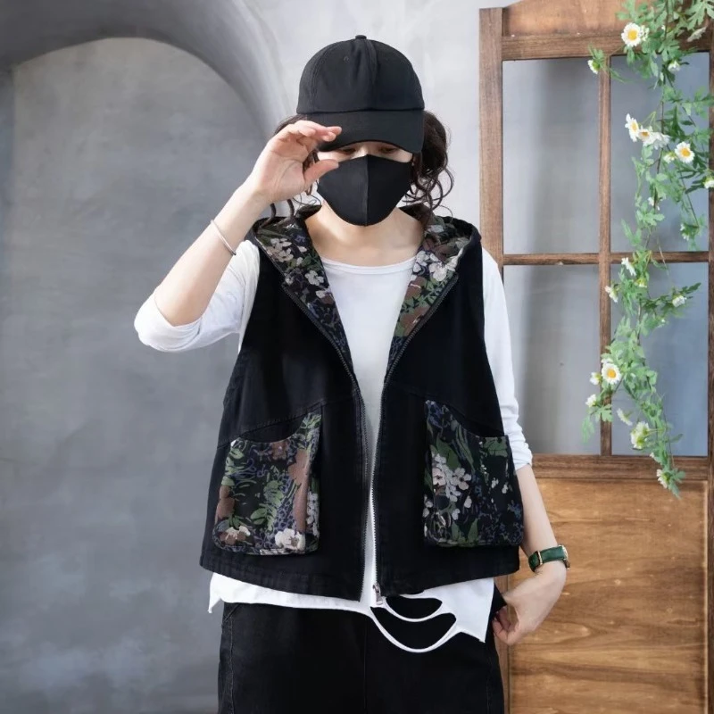 Comfort Fit Mom's Floral Print Denim Vest for Women 2025 Seasonal Casual Outerwear​