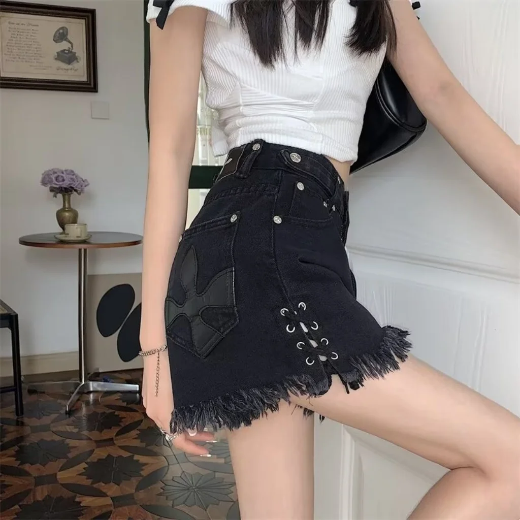 Women's Bandage Tassel Jean Shorts Streetwear Fashion Short Pantalones Summer High Waist Wide Leg Pants Y2k Slin Fit Hot Short