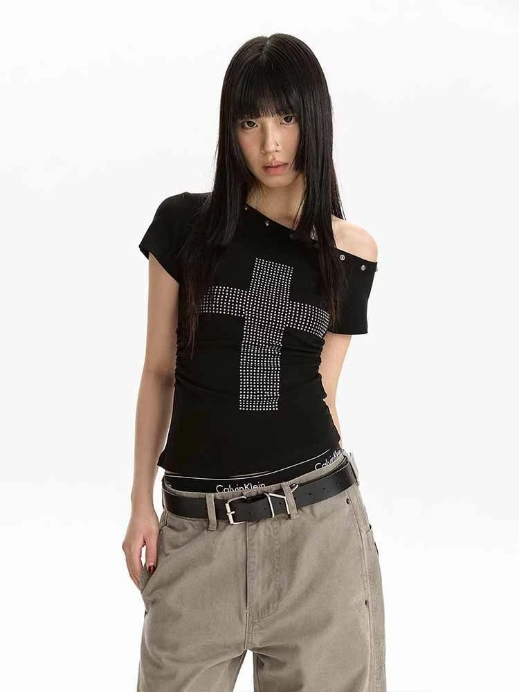 Gothic Y2k Short Sleeve T-Shirt One-Shoulder Women Streetwear Rhinestone Punk Style Vintage Top Rivet Patchwork Spring Summer