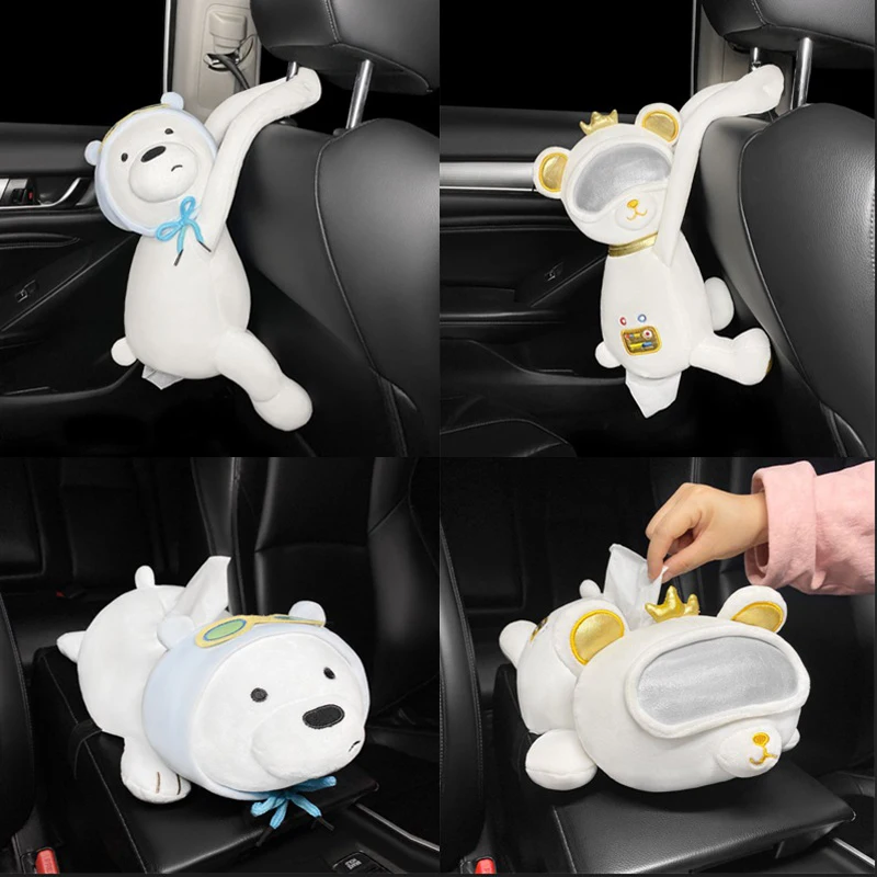 Cute Cartoon Car Tissue Box Creative Space Bear Home Office Car Hanging Paper Napkin Tissue Box Short Plush Tissue Holder