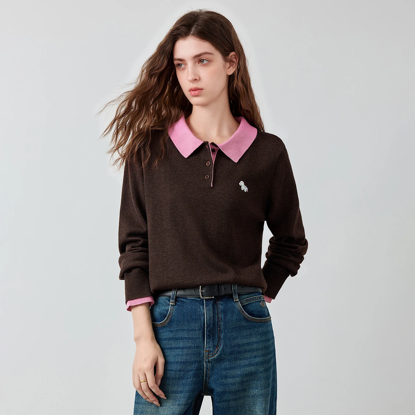 TOYOUTH Women's Knitwear 2026 Autumn New Wool Blend Klein Blue Color Block Polo Collar Pony Preppy Tops
