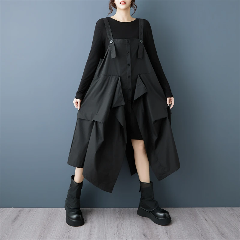 Dark Style Splicing Strap Dress Women's Fashion Mismatched Layering Sensation Midi Dress Button Closure Loose Fit Autumn Wear
