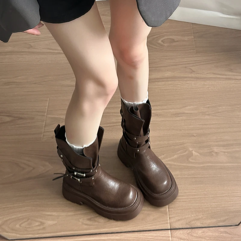 Lined Warm Women Platform Mid Calf Boots Multi Buckle Strap Faux Leather Shoes Casual Autumn Thick Sole Motorcycle Boots
