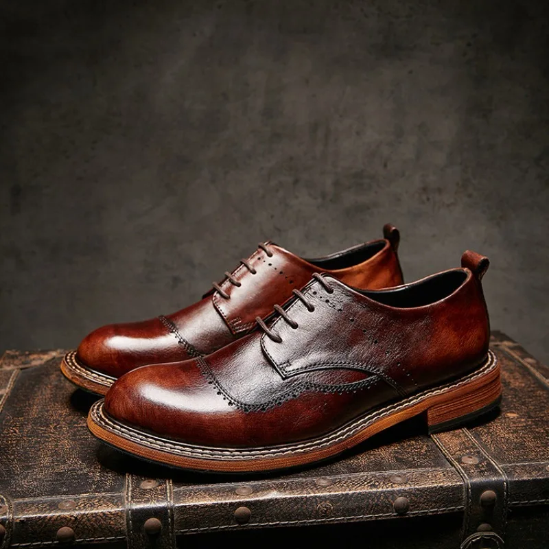 Custom Plus-size American Retro Handmade Cowhide Men Brogue Shoes Workwear Round-toe Derby Casual Low Top Oxford Shoes