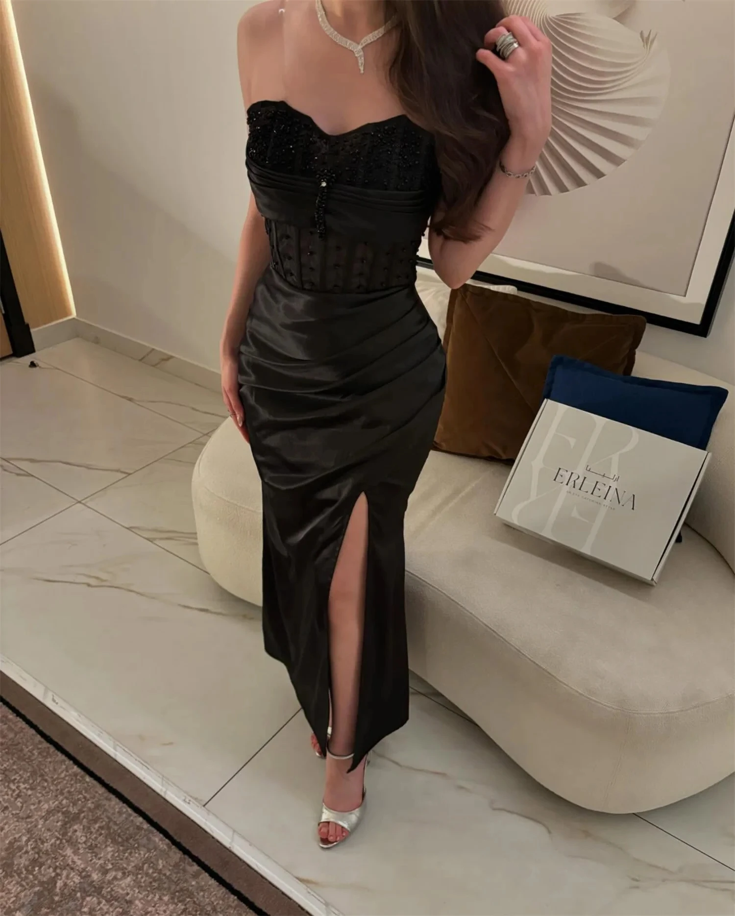 Noir fente perles longue sur mesure Occasion robe robes de soirée Pastrol unisexe Jersey rétro dubaï saoudien arabe bal personnalisé