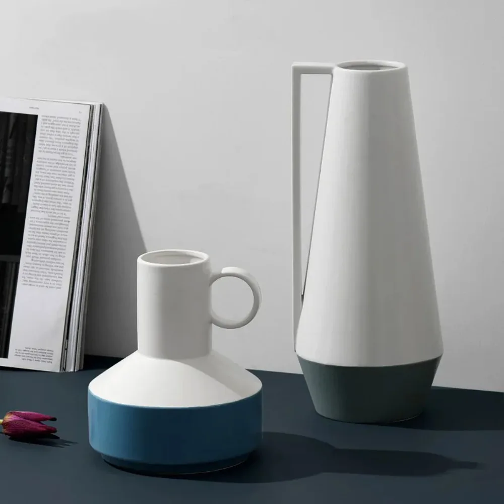Modern simple handle ceramic vase ornament flower arrangement living room European creative white flower ware home soft
