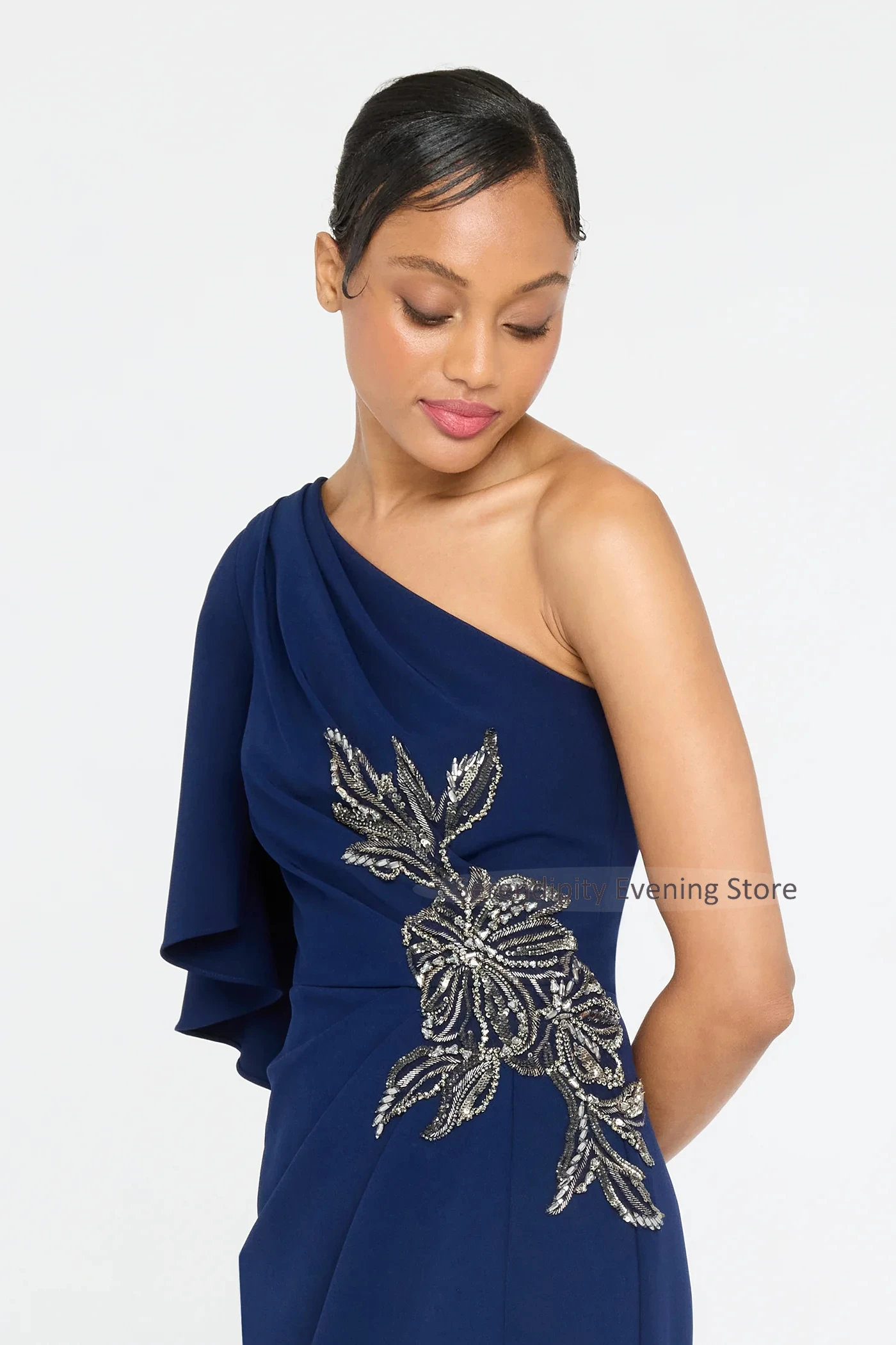 One Shoulder Sleeve Mother of the Bride Dresses for Women Luxury Navy Blue Beaded Wedding Guest Dress Side Slit Party Gowns Long