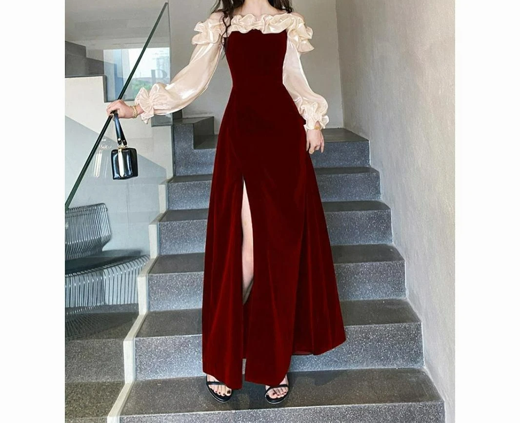 

Spring and Autumn 2025 New Women's One Shoulder Golden Velvet Ruffle Edge Dress Fish Tail Skirt Evening Dress
